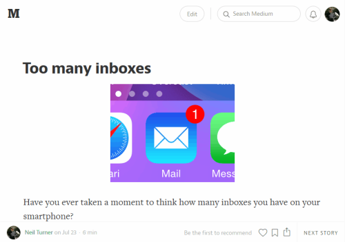 A screenshot of my first post on Medium, called 'Too Many Inboxes'