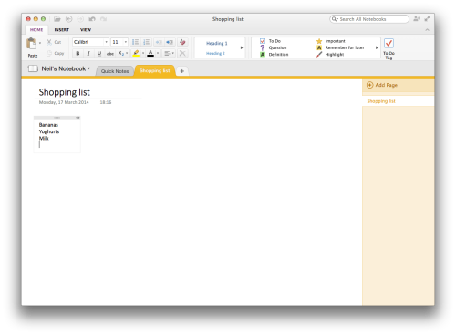A screenshot of OneNote on Mac OS X