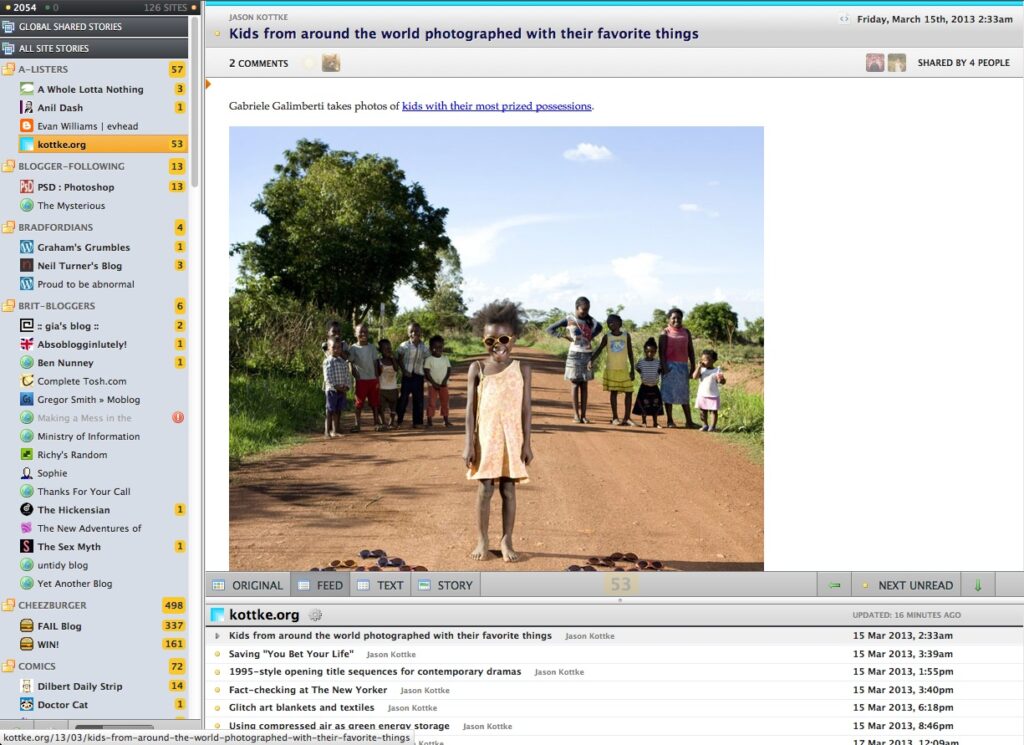 A screenshot of the Newsblur interface