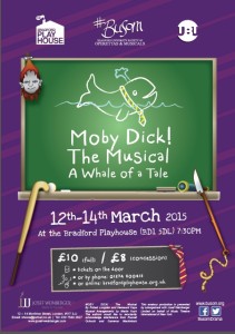 The poster for Moby Dick the Musical at the Bradford Playhouse. It's on a purple background, with a chalk drawing of a happy whale on a green chalkboard.