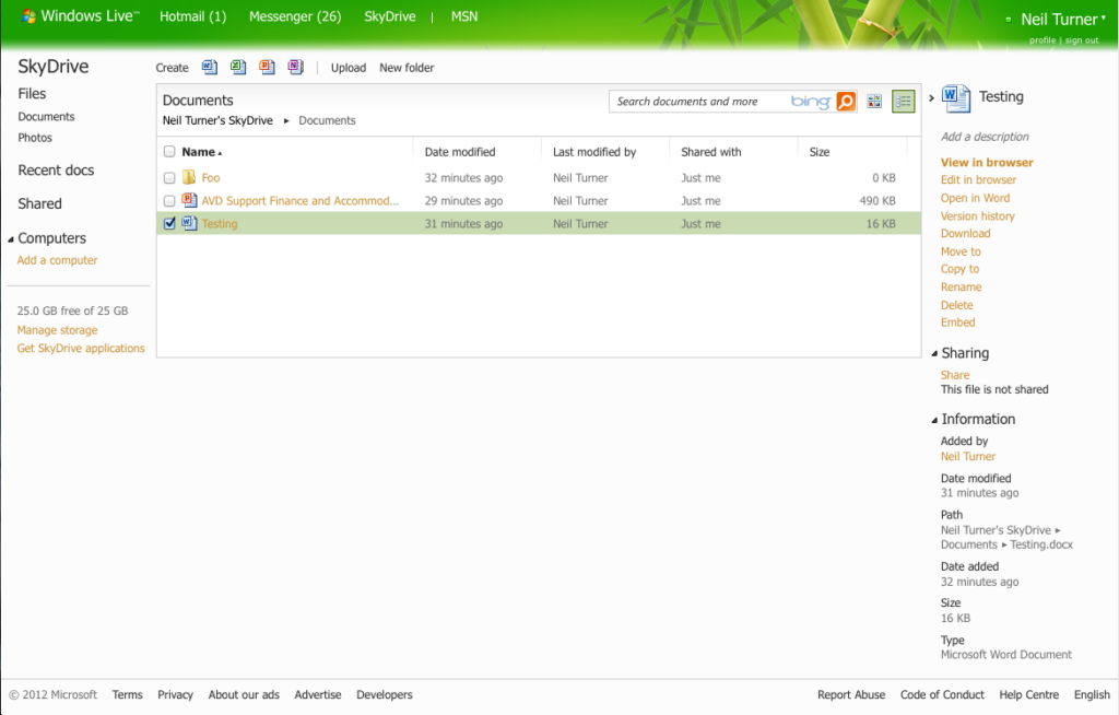 A screenshot of Microsoft Skydrive