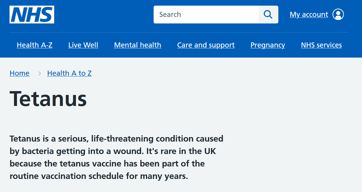 Screenshot of the NHS information page about tetanus