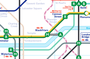 An excerpt of the Step Free Tube Map showing the Waterloo & City Line