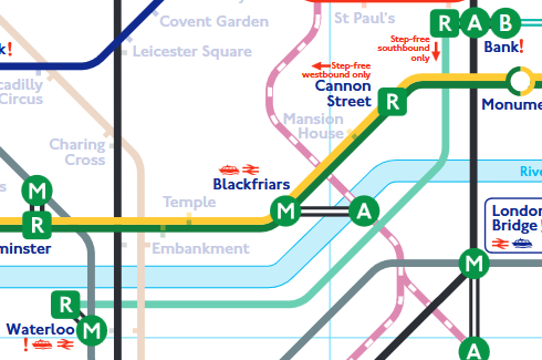 An excerpt of the Step Free Tube Map showing the Waterloo & City Line