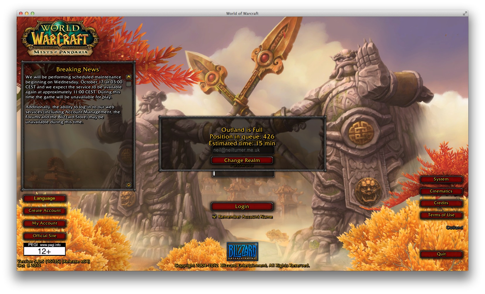 The login screen for World of Warcraft: Mists of Pandaria, showing a 15 minute waiting time to login