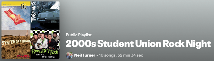 Screenshot of the 2000s student union rock night playlist