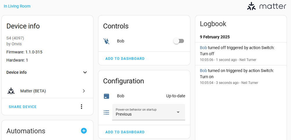 Screenshot of one of the Onvis smart plugs in Home Assistant