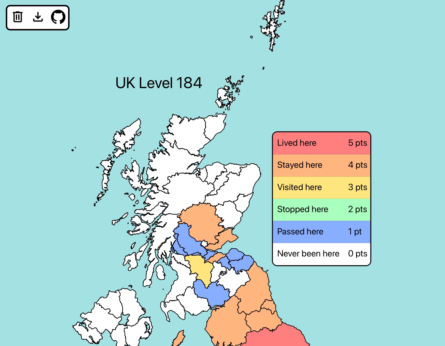 A map of the UK with the counties I have visited highlighted