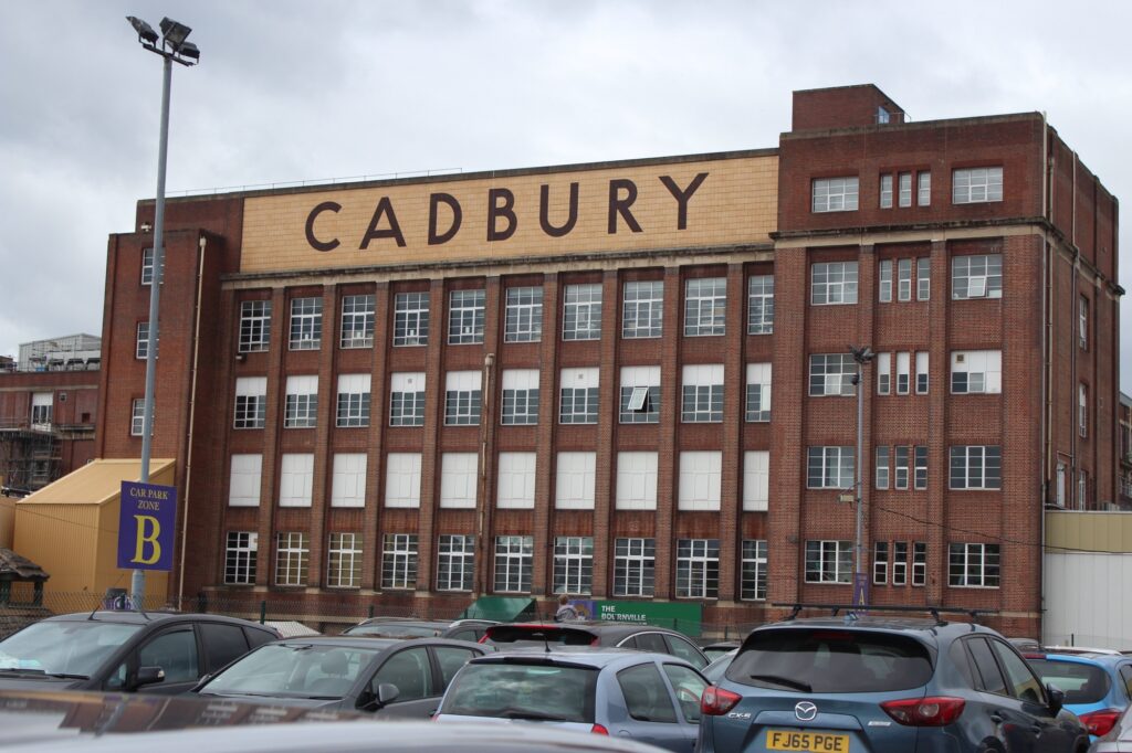 A photo of the outside of the Cadbury's Factory in Bourneville, West Midlands