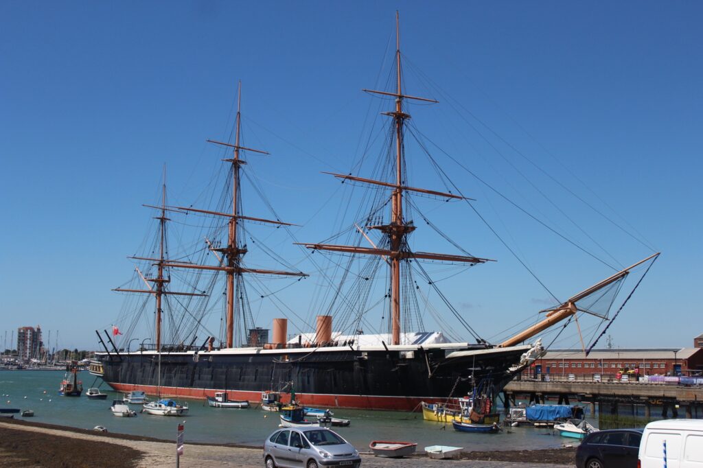 A photo of a tall sailing ship called HMS Warrior at Portsmouth Historic Dockyard