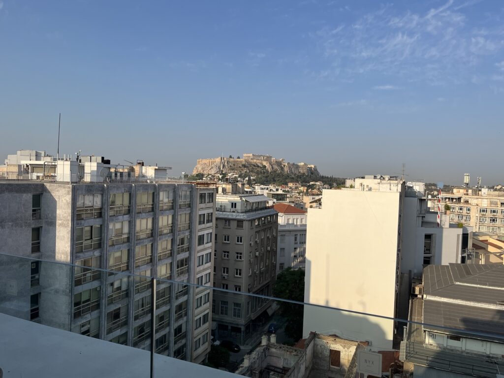 The view from the hotel restaurant across to the Acropolis