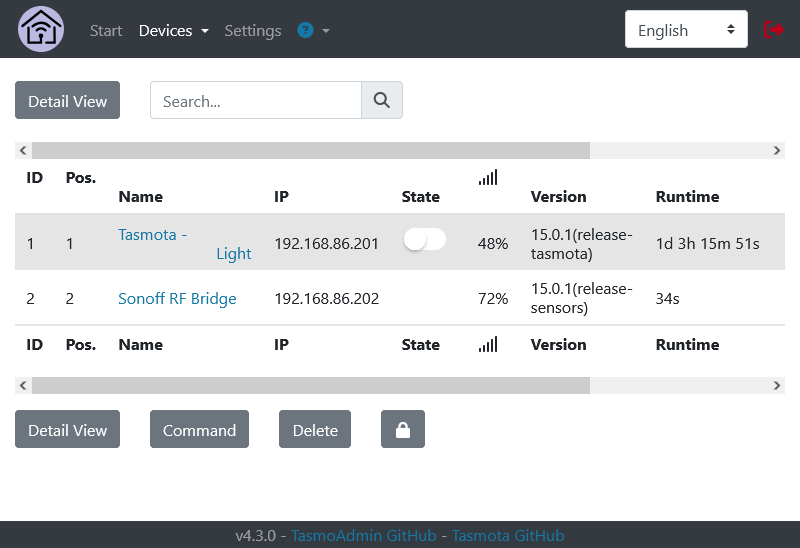 A screenshot of the TasmoAdmin interface