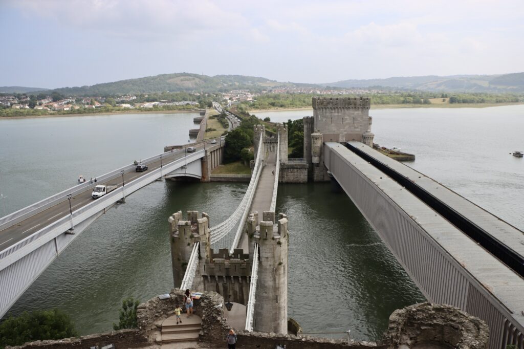 The three bridges crossing the Conwy estuary, taken from one of the towers of Conwy Castle