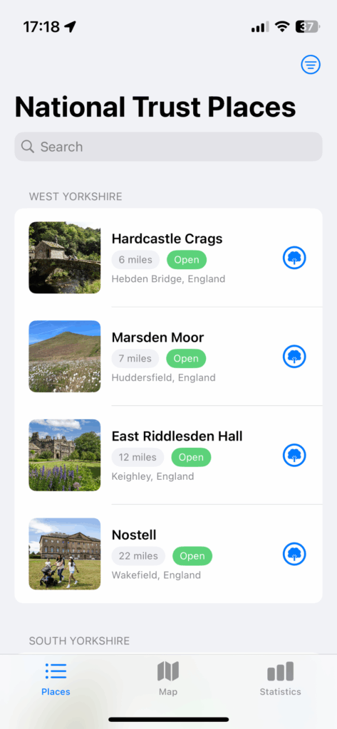 A screenshot of the National Trust tracker app