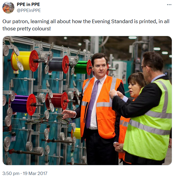 A photo of George Osborne, a PPE graduate, wearing PPE in a factory