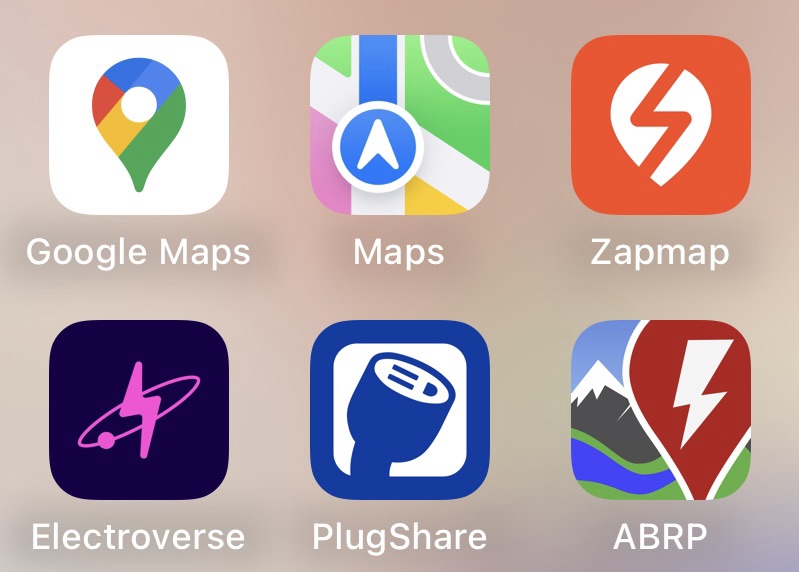 A screenshot showing various route planning apps, including Google Maps, Apple Maps, ZapMap, Electroverse, PlugShare and ABRP