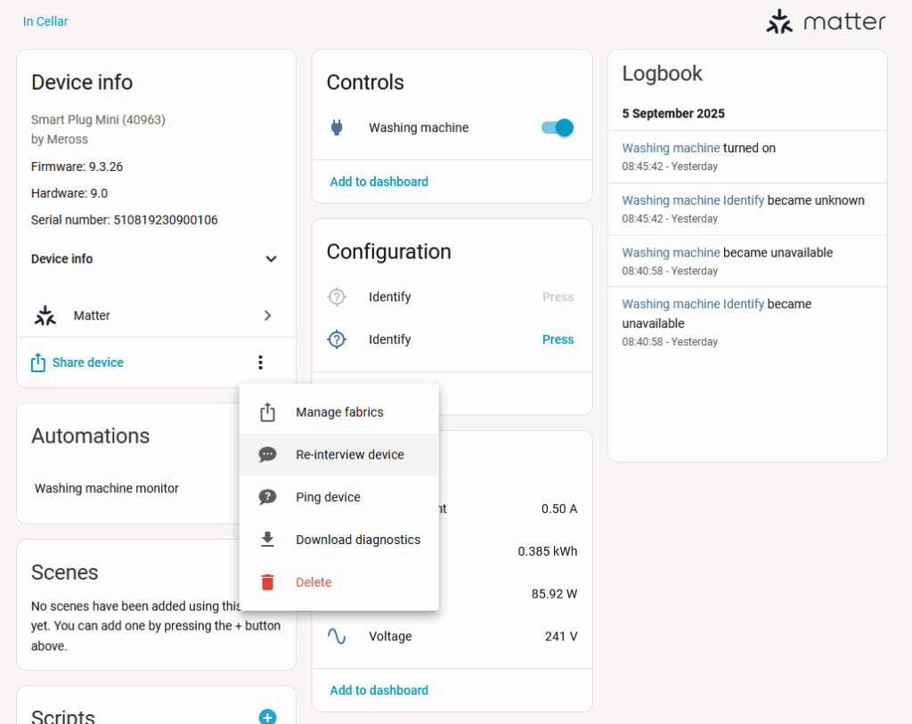 A screenshot of the Home Assistant interface, showing the settings for the Meross energy monitoring smart plug and the 're-interview device' option.