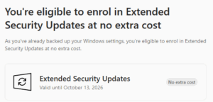 Screenshot which says 'You're eligible to enrol in Extended Security Updates at no extra cost'
