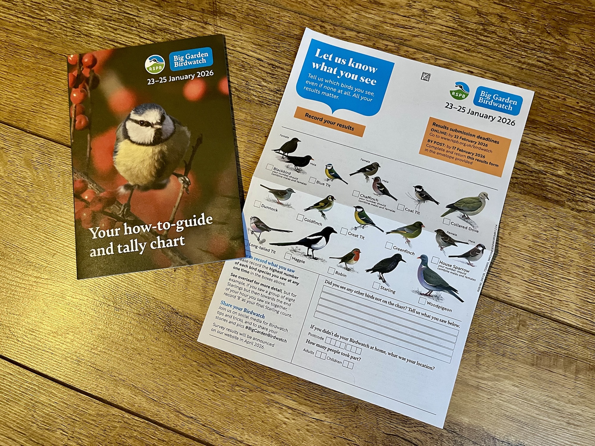 A photo of the guide and tally chart for the RSPB Big Garden Birdwatch