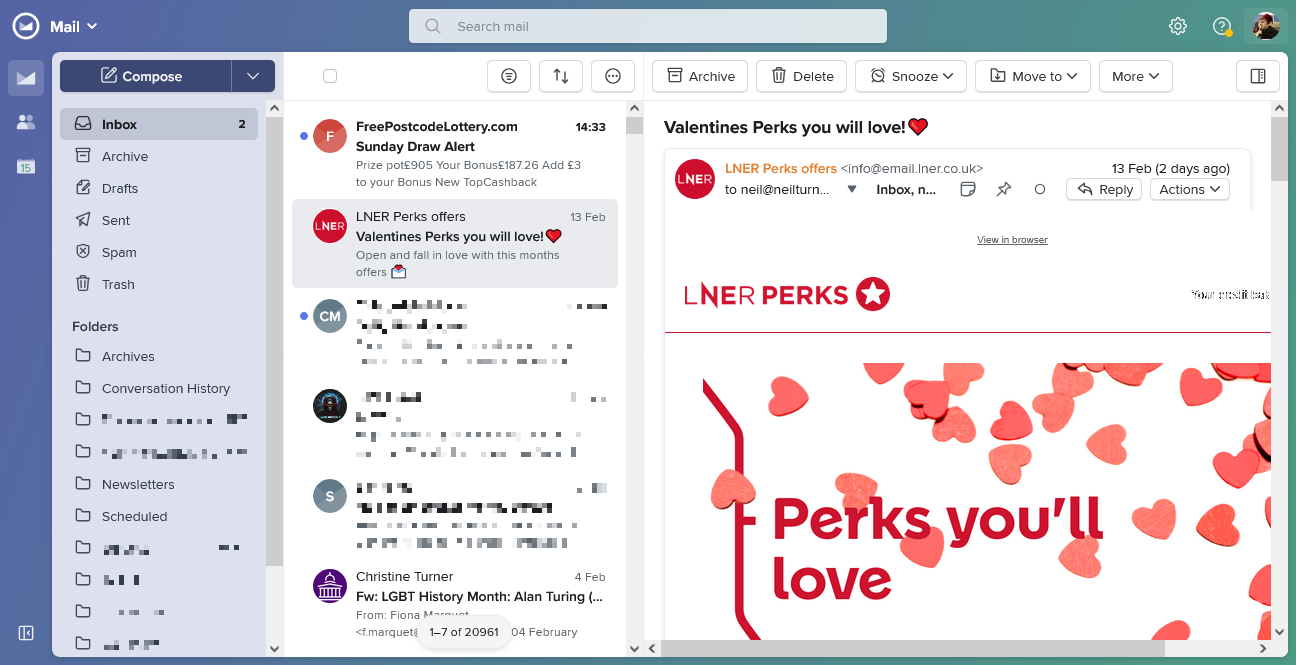 Screenshot of the Fastmail interface