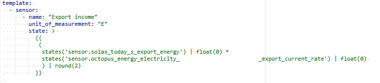 A screenshot of a YAML Template Sensor in Home Assistant that multiplies the values of two other sensors.