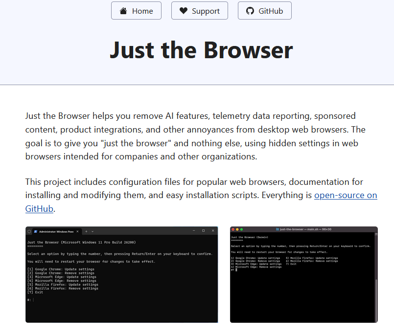 Screenshot of the Just the Browser web site